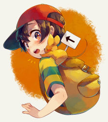 Rule 34 | 1boy, backpack, bag, baseball cap, brown eyes, hat, mother (game), mother 2, mouse (animal), ness (mother 2), nintendo, open mouth, red headwear, shifumame, shirt, short hair, striped clothes, striped shirt