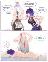 Rule 34 | 2girls, 2koma, absurdres, aftersex, ankie (ankys ), arms up, ass, bare shoulders, bdsm, bed sheet, black bodysuit, blue dress, blush, blush stickers, bob cut, bodysuit, bondage, bound, bound wrists, braid, breast curtain, breasts, comic, commentary, derivative work, diagonal bangs, dice, dress, ear piercing, earrings, english commentary, english text, engrish text, face in pillow, feather-trimmed jacket, femdom, fingerless gloves, fur trim, genshin impact, gloves, green eyes, grey hair, hair over one eye, hickey, highres, hugging object, injury, instant loss, jacket, jacket on shoulders, jewelry, large breasts, lipstick, long hair, looking at another, low-braided long hair, low-tied long hair, makeup, mole, mole on breast, multicolored hair, multiple girls, neck tassel, piercing, pillow, pillow hug, purple hair, purple lips, ranguage, restrained, rope marks, shenhe (genshin impact), short hair, single braid, slap mark, smile, tassel, tassel choker, tassel earrings, twitter username, tying hair, whip marks, white gloves, white jacket, wrist cuffs, yelan (genshin impact), yuri