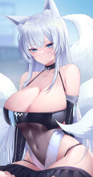 Rule 34 | 1girl, aki hishi aana, animal ears, arm behind back, azur lane, blue eyes, breasts, cleavage, covered navel, curvy, elbow gloves, fox ears, fox girl, fox tail, gloves, halterneck, highres, huge breasts, kitsune, kyuubi, large breasts, large tail, long hair, microskirt, multiple tails, official alternate costume, panty straps, race queen, see-through, shinano (azur lane), shinano (moonlit chrome) (azur lane), sitting, skirt, solo, tail, very long hair, white hair, white tail, wide hips