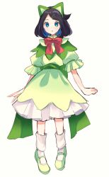 Rule 34 | 1girl, aqua eyes, black hair, blush, bow, bowtie, commentary request, creatures (company), dress, eyelashes, frills, full body, game freak, green dress, green footwear, hair ornament, hairclip, highres, liko (pokemon), looking at viewer, medium hair, nintendo, parted lips, pokemon, pokemon (anime), pokemon horizons, red bow, red bowtie, shoes, sketch, socks, solo, ukocome, white background