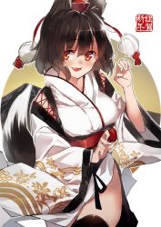 Rule 34 | 1girl, animal ears, black hair, black thighhighs, blush, brown eyes, commentary request, cowboy shot, floral print, hair between eyes, hand up, happy new year, hat, kemonomimi mode, ken (coffee michikusa), kourindou tengu costume, long sleeves, looking at viewer, new year, obi, open mouth, pom pom (clothes), sash, shameimaru aya, solo, tail, thighhighs, tokin hat, touhou, wide sleeves, wolf ears, wolf tail