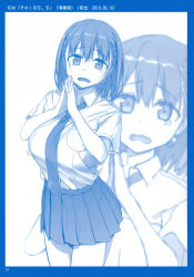 Rule 34 | 1girl, absurdres, ai-chan (tawawa), blue theme, blush, braid, breasts, collared shirt, comic, getsuyoubi no tawawa, hair between eyes, highres, himura kiseki, large breasts, looking at viewer, monochrome, necktie, page number, parted lips, scan, shirt, short hair, short sleeves, silent comic, skirt, solo, tearing up, twin braids, wavy mouth