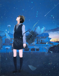 Rule 34 | 1girl, bag, black hair, book, cover, cover page, cup, dark, floating, flower, house, light particles, loafers, looking afar, looking up, nakamura yukihiro, night, night sky, original, paper, profile, road, saucer, school bag, school uniform, shoes, shooting star, short hair, skirt, sky, solo, star (sky), street, sunrise, surreal, teacup, vest, wind