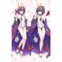 Rule 34 | 1girl, ankle ribbon, bare shoulders, barefoot sandals (jewelry), blush, bob cut, breasts, bridal gauntlets, closed mouth, collarbone, cup, dakimakura (medium), erspace, eyeliner, fate/grand order, fate (series), full body, headpiece, horns, japanese clothes, jar, kimono, leg ribbon, legs, long sleeves, looking at viewer, makeup, multiple views, navel, oni, open clothes, open kimono, open mouth, petals, purple eyes, purple hair, purple kimono, red ribbon, revealing clothes, ribbon, sakazuki, short eyebrows, short hair, shuten douji (fate), skin-covered horns, smile, tongue, tongue out, wide sleeves
