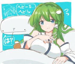 ._. 1girl animal bare_shoulders blue_eyes blush_stickers breasts collared_shirt commentary_request cookie detached_sleeves dialogue_box double-parted_bangs flying_sweatdrops food forked_tongue frog frog_hair_ornament green_hair hair_intakes hair_ornament hair_tubes highres kochiya_sanae large_breasts long_hair long_sleeves looking_at_viewer moriya_suwako nazawa_(nother) oversized_animal shirt single_hair_tube single_sidelock sleeveless sleeveless_shirt smile snake snake_hair_ornament snake_wrapped_around_body solo tongue touhou wide_sleeves