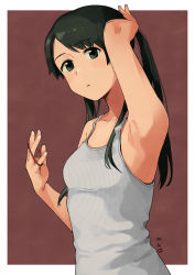 Rule 34 | 1girl, adjusting hair, alternate costume, arm up, banned artist, black eyes, black hair, breasts, grey tank top, hair tie, hand in own hair, kantai collection, long hair, looking at viewer, makio (makiomeigenbot), mikuma (kancolle), parted lips, ribbed tank top, signature, simple background, small breasts, solo, tank top, twintails, two-tone background, upper body