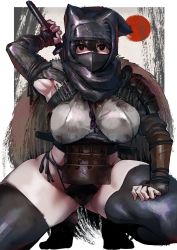 Rule 34 | 1girl, arm up, armor, black eyes, black hair, breasts, covered mouth, covering own mouth, dirty, dirty clothes, female pubic hair, hand on own thigh, highres, holding, holding sword, holding weapon, ichiren takushou, japanese clothes, katana, large breasts, looking at viewer, mask, mouth mask, original, pubic hair, shoulder armor, shoulder pads, solo, squatting, sword, sword behind back, thighhighs, thighs, thong, underwear, weapon, weapon on back