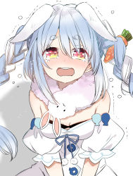 Rule 34 | 1girl, animal ear fluff, animal ears, blue hair, blush, braid, breasts, carrot hair ornament, cleavage, commentary request, crying, crying with eyes open, don-chan (usada pekora), dress, ears down, food-themed hair ornament, fur scarf, hair between eyes, hair ornament, highres, hololive, light blue hair, long hair, looking at viewer, medium breasts, mito (go!go!king!), multicolored hair, off-shoulder dress, off shoulder, open mouth, pom pom (clothes), rabbit ears, red eyes, shadow, simple background, solo, tears, thick eyebrows, trembling, twin braids, twintails, two-tone hair, upper body, usada pekora, usada pekora (1st costume), virtual youtuber, wavy mouth, white background, white dress, white hair