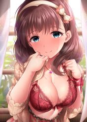 Rule 34 | 1girl, backlighting, bad id, bad twitter id, beige sweater, blue eyes, blush, bow, bra, breasts, brown hair, cardigan, cleavage, commentary request, curtains, floral print, garana, hairband, high-waist skirt, highres, idolmaster, idolmaster cinderella girls, jewelry, lace, lace-trimmed bra, lace trim, large breasts, lens flare, light particles, looking at viewer, necklace, open cardigan, open clothes, pink skirt, red bra, ribbon, sakuma mayu, short hair, skirt, smile, solo, stenciled rose, sunlight, sweat, underwear, window