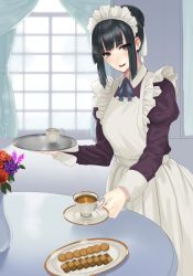 Rule 34 | 1girl, :d, apron, black eyes, blush, checkerboard cookie, cookie, cup, curtains, damegane, flower, food, hair bun, highres, looking at viewer, maid, maid apron, maid headdress, open mouth, original, plate, rose, saucer, sidelocks, single hair bun, smile, solo, table, tray, vase, window