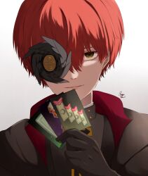 Rule 34 | 1boy, alternate hair color, asuka r. kreutz, black gloves, card, spiked halo, gloves, guilty gear, guilty gear strive, halo, highres, hijigashimon, holding, holding card, long sleeves, looking at viewer, male focus, red hair, short hair, simple background, smile, upper body, yellow eyes