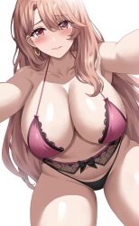 Rule 34 | 1girl, absurdres, black panties, blush, bra, breasts, brown eyes, brown hair, cleavage, closed mouth, collarbone, commentary, earrings, highres, jasony, jewelry, large breasts, long hair, looking at viewer, mature female, navel, oshi no ko, panties, pink bra, saitou miyako, simple background, solo, thighs, underwear, very long hair, white background