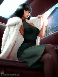 Rule 34 | 1girl, bare shoulders, black hair, blue sky, blush, breasts, building, car interior, car seat, coat, commentary, corset, crossed legs, dress, english commentary, from below, fubuki (one-punch man), fur coat, green dress, green eyes, green footwear, highres, holding, holding clothes, holding coat, jacket, jacket on shoulders, jewelry, large breasts, necklace, one-punch man, parted lips, short hair, sitting, sky, solo, themaestronoob, variant set, window