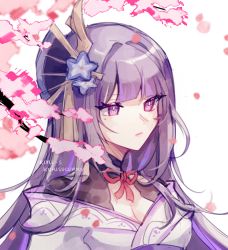Rule 34 | 1girl, artist name, breasts, cleavage, closed mouth, commentary, english commentary, falling petals, flower, genshin impact, hair ornament, japanese clothes, kimono, kuri-s, large breasts, long hair, mole, mole under eye, obiage, petals, purple eyes, purple flower, purple hair, raiden shogun, ribbon, simple background, solo, tassel, white background