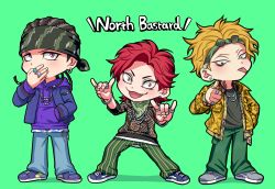Rule 34 | 3boys, bandana, braid, chibi, cornrows, douan kazusato, earrings, fang, fox shadow puppet, full body, green background, green pants, gyozaz, hand in pocket, highres, hypnosis mic, hypnosis mic: rule the stage, jacket, jewelry, kokuri ryouzan, male focus, multiple boys, necklace, pants, pink eyes, red eyes, red hair, ring, sanagi kenei, shoes, simple background, smile, sneakers, tattoo, yellow eyes, yellow jacket