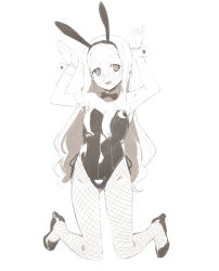 Rule 34 | 1girl, 2l (2lsize), animal ears, blush, fake animal ears, fishnet pantyhose, fishnets, forehead, full body, greyscale, hairband, high heels, highres, kneeling, leotard, long hair, looking at viewer, monochrome, nose blush, open mouth, original, pantyhose, playboy bunny, rabbit ears, rabbit pose, round eyewear, solo, teeth, thick eyebrows, thighs, very long hair, wavy hair, wristband