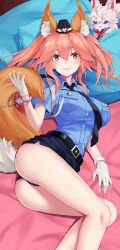 Rule 34 | 1girl, animal ear fluff, animal ears, aoi (buzhuen444), breasts, creature, cuffs, fate/extella, fate/extra, fate/grand order, fate (series), female service cap, fou (fate), fox ears, fox girl, fox tail, gloves, hair over one eye, handcuffs, hat, highres, large breasts, looking at viewer, necktie, official alternate costume, police, police hat, police uniform, policewoman, solo, tail, tamamo (fate), tamamo no mae (fate/extra), tamamo no mae (police fox) (fate), uniform, white gloves, yellow eyes