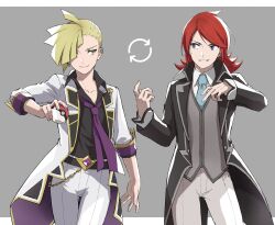 Rule 34 | 2boys, blonde hair, closed mouth, coat, collared shirt, commentary request, cosplay, costume switch, creatures (company), game freak, gladion (pokemon), gladion (pokemon) (cosplay), gladion (sygna suit) (pokemon), green eyes, hair over one eye, hands up, highres, holding, holding poke ball, long hair, long sleeves, male focus, mocollie, multiple boys, necktie, nintendo, open clothes, open coat, pants, poke ball, poke ball (basic), pokemon, pokemon masters ex, purple necktie, red hair, shirt, short hair, silver (champion) (pokemon), silver (pokemon), silver (pokemon) (cosplay), smile, vest
