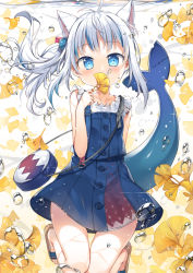 Rule 34 | 1girl, animal ears, bag, blue eyes, casual, cat ears, commentary request, covering own mouth, fins, fish tail, fred04142, gawr gura, gawr gura (casual), ginkgo leaf, handbag, highres, holding, holding leaf, hololive, hololive english, kemonomimi mode, leaf, long hair, looking at viewer, one side up, sandals, shark tail, sidelocks, solo, suspenders, tail, underwater, virtual youtuber, water drop, white hair