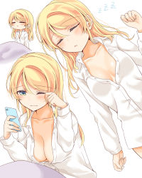 Rule 34 | 10s, 1girl, aqua eyes, ayase eli, breasts, cellphone, cleavage, collarbone, collared shirt, closed eyes, facing viewer, hair down, highres, holding, holding phone, large breasts, long hair, long sleeves, looking away, love live!, love live! school idol project, mogu (au1127), no bra, one eye closed, phone, shirt, smartphone, unbuttoned, unbuttoned shirt, white shirt, zzz