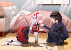 Rule 34 | 2girls, absurdres, animal ears, apron, bed, black dress, black footwear, black hair, blush, bound, bound legs, cat ears, cat tail, chain, chain leash, commentary request, cuffs, date a live, dress, hand on another&#039;s chin, highres, holding, holding leash, indoors, leash, leno^a^, long hair, maid apron, multiple girls, on floor, pantyhose, red dress, shackles, smile, tail, tokisaki kurumi, white hair, white pantyhose