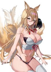 Rule 34 | 1girl, absurdres, animal ear fluff, animal ears, bad id, bad pixiv id, bare shoulders, black panties, blonde hair, bra, braid, breasts, cleavage, commentary, fox ears, fox girl, fox tail, from behind, hair between eyes, hand on another&#039;s stomach, hand under clothes, highres, hirume of heavenly incense, large breasts, last origin, legs together, maanu, navel, no pants, panties, reach-around, red ribbon, ribbon, shiny skin, simple background, sitting, solo focus, tail, thick thighs, thighhighs, thighs, torso grab, underwear, white background, white thighhighs, yellow eyes