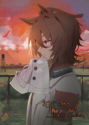 Rule 34 | 1girl, absurdres, agnes tachyon (umamusume), ahoge, animal ears, brown hair, cityscape, cloud, coat, commentary, commission, empty eyes, english text, from side, highres, horse ears, horse girl, lab coat, orange sky, outdoors, railing, red eyes, sei (bigaa), signature, skeb commission, sky, sleeves past fingers, sleeves past wrists, solo, sunset, sweat, translated, umamusume, upper body, water, water tower, white coat, wiping sweat
