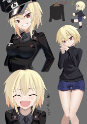 Rule 34 | 1girl, :d, blush, breasts, chibi, chibi inset, closed eyes, clothes hanger, commentary, commentary request, cross, english commentary, epaulettes, fang, flat color, grey background, grin, hat, heart, highres, iron cross, jiseki rena, looking at viewer, medium breasts, military uniform, mixed-language commentary, multiple views, nazi, necktie, open mouth, original, peaked cap, red eyes, reichsadler, shirt, short hair, shorts, skin fang, smile, spoken heart, totenkopf, translation request, tsurime, uniform