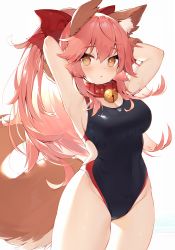 Rule 34 | 1girl, :&lt;, animal ear fluff, animal ears, armpits, arms behind head, arms up, bell, black one-piece swimsuit, blush, breasts, cleavage, closed mouth, collar, commentary request, competition swimsuit, cowboy shot, fate/grand order, fate (series), fox ears, fox girl, fox tail, groin, highres, jingle bell, long hair, medium breasts, muryotaro, one-piece swimsuit, orange eyes, pink hair, ponytail, sidelocks, simple background, solo, swimsuit, tail, tamamo (fate), tamamo cat (fate), thighs, white background