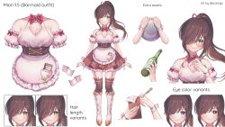 Rule 34 | 1girl, apron, black thighhighs, blue eyes, boots, bottle, bow, breasts, brown hair, brown skirt, character sheet, detached sleeves, english text, fortissimo, garter straps, green eyes, hair bow, hair ornament, hair over one eye, halter shirt, halterneck, head tilt, highres, holding, holding bottle, holding tray, large breasts, long hair, looking at viewer, miori celesta, miori celesta (4th costume), multiple views, musical note, musical note hair ornament, official alternate costume, official art, one eye closed, one eye covered, ozzingo, pink bow, pink eyes, pink shirt, ponytail, second-party source, shirt, short sleeves, skirt, smile, straight-on, thighhighs, tray, treble clef, tsunderia, underbust, virtual youtuber, white footwear, wrist cuffs