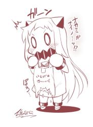 Rule 34 | 0 0, 10s, 1girl, ^^^, abyssal ship, ankle cuffs, bag, blue eyes, collar, commentary request, contemporary, covered mouth, dress, hole, horns, kantai collection, long hair, mittens, monochrome, northern ocean princess, shopping bag, sleeveless, sleeveless dress, solo, surprised, sweat, translation request, yamato nadeshiko