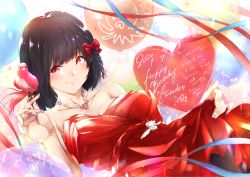 Rule 34 | 1girl, animal, bare shoulders, bird, birthday, black hair, blush, bow, box, braid, breasts, cleavage, closed mouth, clothes lift, collarbone, dated, dress, dress lift, hair bow, hand up, happy birthday, heart-shaped box, hibike! euphonium, highres, hisaishi kanade, jewelry, kuziaaizuk, looking at viewer, lying, medium breasts, nail polish, necklace, on back, red bow, red dress, red eyes, short hair, smile, solo, strapless, strapless dress