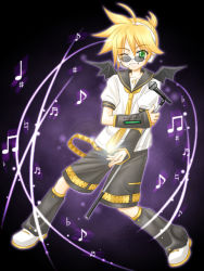 Rule 34 | 1boy, arm warmer, bat wings, beamed quavers, blonde hair, cosplay, flat sign, green eyes, kagamine len, kagamine len (cosplay), lee byung hee, leg warmers, male focus, music, musical note, necktie, nuri, pangya, quaver, scout, sharp sign, shorts, solo, vocaloid, wings, wink