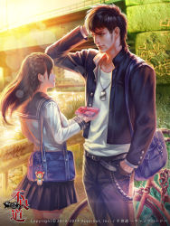Rule 34 | 10s, 1boy, 1girl, 2014, bag, bag charm, belt, bicycle, black skirt, braid, brown hair, chain, charm (object), dannis, eye contact, furyou michi ~gang road~, gift, hand in pocket, handbag, highres, jewelry, lens flare, looking at another, necklace, outdoors, overpass, railing, school uniform, shirt, skirt, standing, sunlight, t-shirt, valentine, water