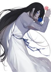 Rule 34 | 1girl, black hair, blood+, blue eyes, blue flower, blue ribbon, blue rose, blue sash, closed mouth, diva (blood+), dress, flower, from side, highres, hoojiro, long hair, long sleeves, looking at viewer, looking to the side, pink flower, pink rose, ribbon, rose, sash, simple background, solo, very long hair, white background, white dress