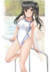 Rule 34 | 1girl, black hair, brown eyes, competition swimsuit, highres, long hair, mashinatsu, one-piece swimsuit, original, railing, solo, standing, swimsuit, twintails, white one-piece swimsuit