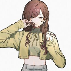 Rule 34 | 1girl, brown hair, cardigan, cropped jacket, cropped shirt, green cardigan, green shirt, highres, higuchi madoka, holding, holding own hair, idolmaster, idolmaster shiny colors, iwawa, long hair, looking at viewer, mole, mole under eye, shirt, simple background, solo, wavy hair, white background