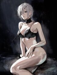 Rule 34 | 1girl, arm support, black background, black bra, black collar, black eyes, black panties, bra, breasts, chainsaw man, collar, collarbone, earrings, expressionless, eyepatch, feet out of frame, from side, grey hair, hair over one eye, hand on own thigh, highres, jewelry, lace, lace-trimmed bra, lace collar, lace trim, looking at viewer, low ponytail, medium breasts, medium hair, one eye covered, panties, quanxi (chainsaw man), raberu ruru, sitting, solo, underwear, underwear only, yokozuwari