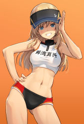 Rule 34 | 1girl, alice gear aegis, blonde hair, blue eyes, blush, character request, cowboy shot, gradient background, hand on own hip, hat, highres, holding, holding clothes, holding hat, long hair, looking at viewer, midriff, navel, orange background, pinakes, shaded face, smile, solo, sports bra, sports panties, sportswear, virginia glynnberets