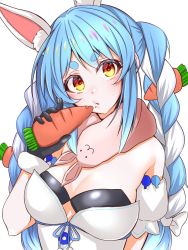 Rule 34 | 1girl, animal ear fluff, animal ears, arm cuffs, black gloves, black leotard, blue hair, braid, breasts, carrot, carrot hair ornament, cleavage, dress, eating, eyelashes, food-themed hair ornament, fur-trimmed gloves, fur scarf, fur trim, gloves, hair ornament, hair ribbon, head tilt, highres, hololive, kokechan, leotard, light blue hair, long hair, looking at viewer, loose clothes, medium breasts, multicolored hair, off-shoulder dress, off shoulder, open mouth, orange eyes, puckered lips, rabbit ears, ribbon, simple background, solo, thick eyebrows, tress ribbon, twin braids, twintails, two-tone hair, upper body, usada pekora, usada pekora (1st costume), virtual youtuber, white background, white dress, white hair