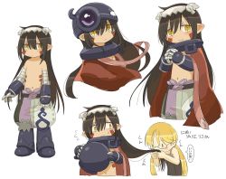 Rule 34 | 1boy, 1girl, alternate hair length, alternate hairstyle, blonde hair, blush, brown eyes, brown hair, cape, closed mouth, expressionless, facial mark, glasses, green eyes, helmet, highres, kawasemi27, long hair, looking at viewer, made in abyss, navel, pointy ears, regu (made in abyss), riko (made in abyss), smile, speech bubble, translation request, twintails, very long hair
