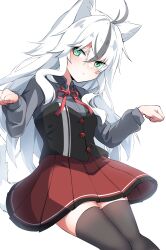Rule 34 | 1girl, absurdres, animal ears, black thighhighs, cat ears, cat girl, cat tail, collared shirt, expressionless, green eyes, grey hair, grey shirt, highres, kurousagi tetora, long hair, long sleeves, looking at viewer, miniskirt, multicolored hair, original, partially unbuttoned, paw pose, pleated skirt, red skirt, shirt, simple background, skirt, streaked hair, tail, thighhighs, two-tone hair, white background, white hair, wing collar
