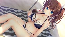 Rule 34 | 1girl, beach, bikini, black bikini, black bow, blue eyes, bow, breasts, brown hair, cleavage, collarbone, cup, day, drapri guu-ta-life 2, drinking straw, dutch angle, game cg, hair between eyes, hair bow, hair ornament, hairclip, halterneck, highres, holding, holding cup, ichinose suzuka, large breasts, long hair, looking at viewer, navel, open mouth, outdoors, side ponytail, sitting, solo, swimsuit, takano yuki (allegro mistic), wavy mouth, white bow