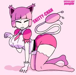 Rule 34 | 1girl, all fours, animal ears, artist name, belt, blunt bangs, breasts, cat ears, character name, closed eyes, creatures (company), english text, female focus, full body, game freak, gen 3 pokemon, gloves, hand up, jaggy lines, large breasts, nintendo, parted lips, patreon username, paw pose, personification, pink background, pink hair, pink shirt, pink shorts, pink theme, pink thighhighs, pokemon, pongldr, puffy short sleeves, puffy sleeves, shirt, short hair, short shorts, short sleeves, shorts, simple background, skitty, solo, tail, thighhighs, watermark, web address, white gloves