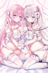 Rule 34 | 2girls, absurdres, ame usari, bare shoulders, black collar, blush, bow, bow panties, breasts, cleavage, collar, commentary request, cuffs, feet out of frame, frills, hair between eyes, hair bow, hair ribbon, half-closed eyes, handcuffs, highres, holding hands, interlocked fingers, large breasts, leash, long hair, looking at viewer, multiple girls, navel, navel piercing, original, panties, parted lips, piercing, pink collar, pink hair, purple eyes, purple ribbon, ribbon, sitting, thighhighs, twintails, two side up, underwear, very long hair, wariza, white bow, white panties, white thighhighs