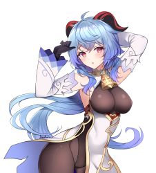 Rule 34 | 1girl, :o, absurdres, ahoge, armpits, arms up, bare shoulders, bell, black gloves, blue hair, breasts, brown leotard, brown pantyhose, cleavage, covered erect nipples, cowbell, cowboy shot, detached sleeves, ganyu (genshin impact), genshin impact, gloves, goat horns, gold trim, highres, horns, jirafuru, large breasts, leotard, long hair, long sleeves, looking at viewer, pantyhose, parted lips, pelvic curtain, red eyes, solo, thighs, very long hair, white background