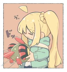 Rule 34 | 1girl, ahoge, blonde hair, bocchi the rock!, border, chibi, closed eyes, closed mouth, commentary request, creatures (company), crossover, detached ahoge, game freak, gen 2 pokemon, green jacket, highres, holding, holding pokemon, hood, hood down, ijichi nijika, jacket, long hair, long sleeves, natu, nintendo, pokemon, pokemon (creature), ry (pitamin5), shirt, side ponytail, sidelocks, simple background, solo, translation request, upper body, very long hair, white border, white shirt