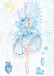 Rule 34 | 1girl, arm up, cape, choker, crystal, crystal hair ornament, dress, full body, heart, highres, iridescent, kaede (shijie heping), moon, original, see-through, see-through dress, short eyebrows, short hair, short hair with long locks, sleeveless, sleeveless dress, slippers, solo, unicorn, white hair, yellow eyes