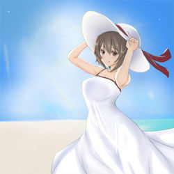Rule 34 | 1girl, berumina, brown eyes, brown hair, dress, girls und panzer, hat, highres, holding, holding clothes, holding hat, looking at viewer, nishizumi maho, outdoors, short hair, solo, sun hat, sundress