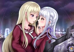 Rule 34 | 2girls, arm at side, assault lily, blonde hair, blush, braid, breasts, bridge, brown sailor collar, city, commentary, eye contact, face-to-face, from side, grey hair, hair ribbon, hand on another&#039;s chin, hand up, highres, holding, holding weapon, imai tomohiro, kanba girls high school uniform, kon kanaho, long hair, long sleeves, looking at another, medium breasts, miyagawa takane, multiple girls, necktie, night, night sky, outdoors, parted lips, profile, purple eyes, purple ribbon, red shirt, ribbon, sailor collar, school uniform, serafuku, shirt, short necktie, side braid, sidelocks, sky, skyline, upper body, weapon, white necktie, yellow eyes, yuri